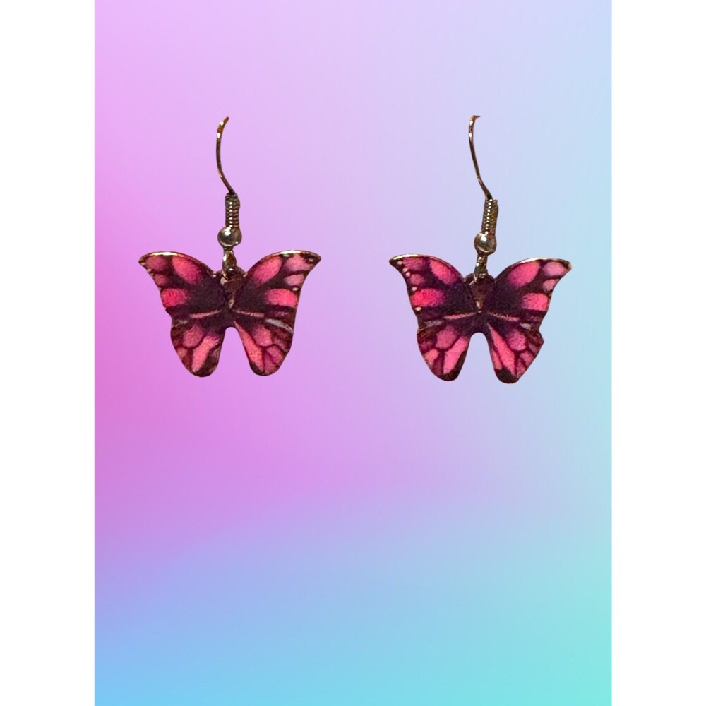 Enamel Hot Pink Butterfly Charm on Black Wire Earrings #2203 - Picture 3 of 4